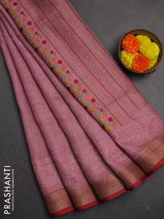 Linen saree mauve pink and maroon with embroidery buttas and embroidery pallu & border