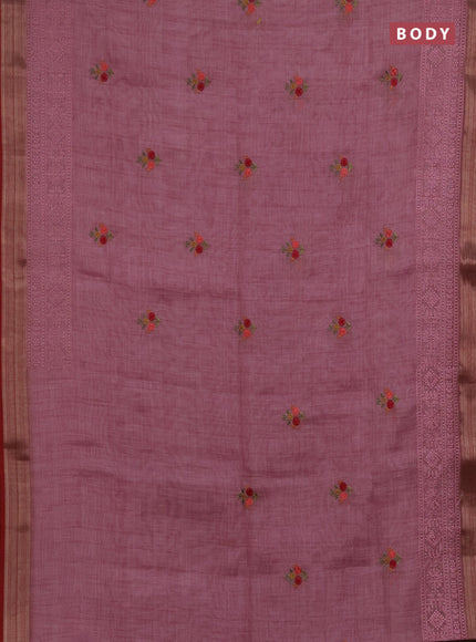Linen saree mauve pink and maroon with embroidery buttas and embroidery pallu & border