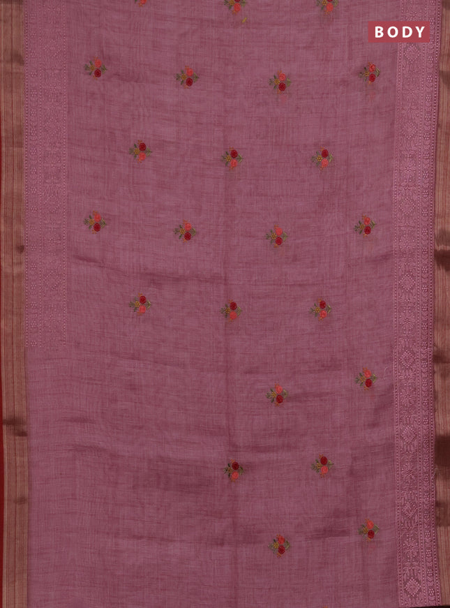 Linen saree mauve pink and maroon with embroidery buttas and embroidery pallu & border
