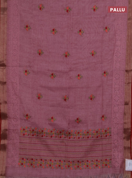 Linen saree mauve pink and maroon with embroidery buttas and embroidery pallu & border