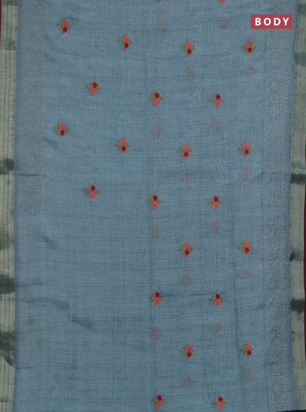 Linen saree pastel blue and maroon with embroidery buttas and embroidery pallu & border
