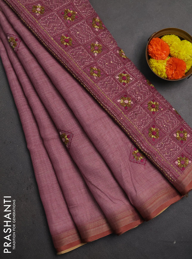 Linen saree pastel pink with embroidery buttas and embroidery pallu