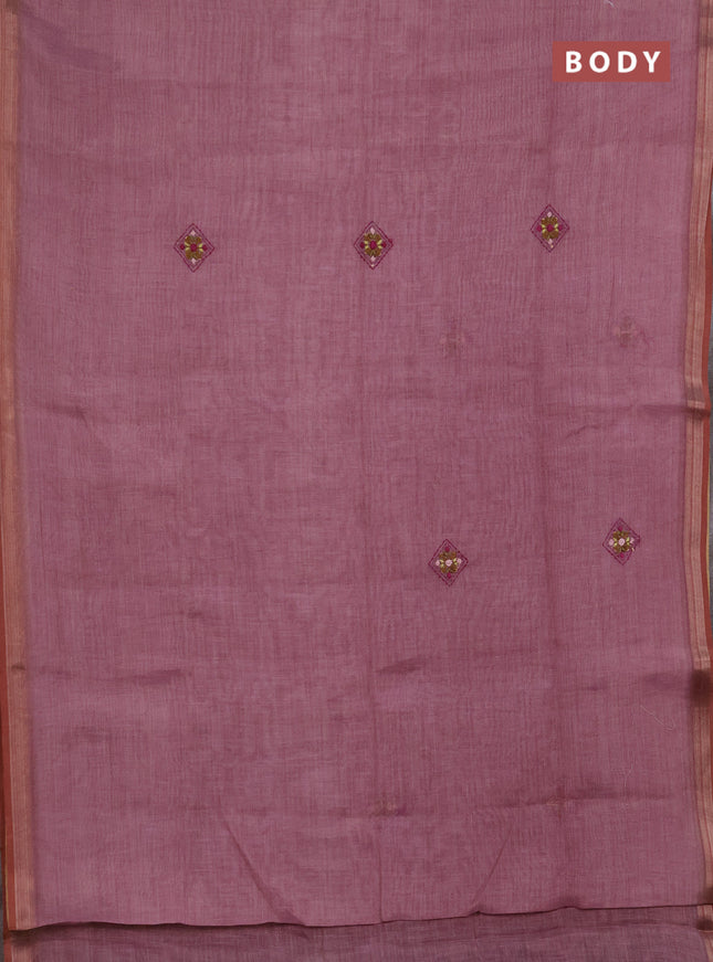 Linen saree pastel pink with embroidery buttas and embroidery pallu