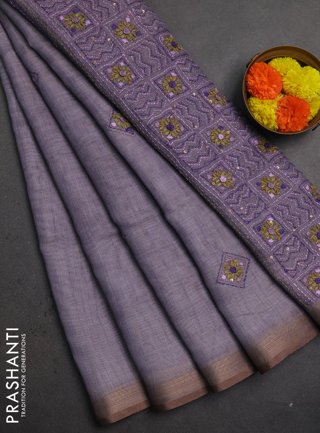 Linen saree pastel violet with embroidery buttas and embroidery pallu