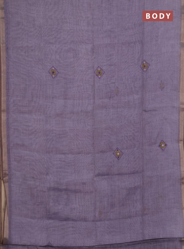Linen saree pastel violet with embroidery buttas and embroidery pallu