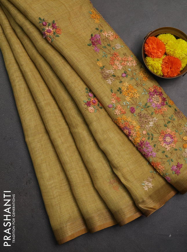 Linen saree mustard shade with embroidery buttas and embroidery pallu