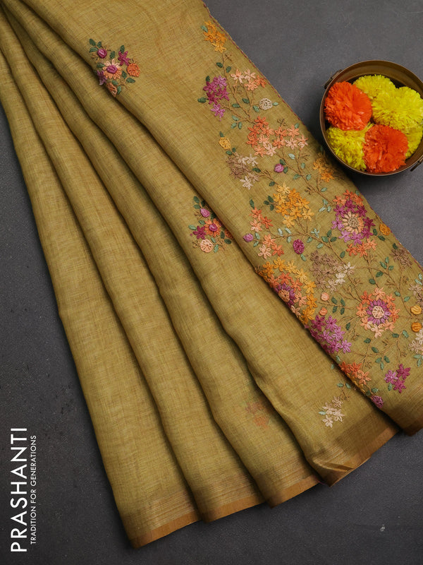Linen saree mustard shade with embroidery buttas and embroidery pallu