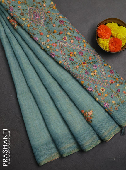 Linen saree teal blue with embroidery buttas and embroidery pallu