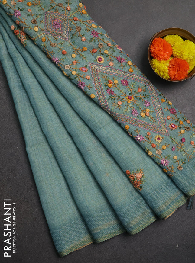 Linen saree teal blue with embroidery buttas and embroidery pallu