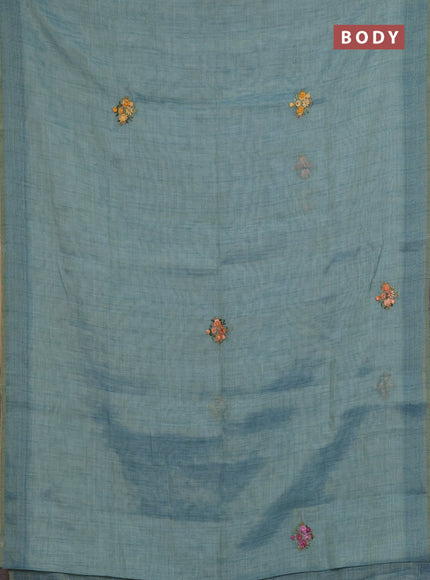 Linen saree teal blue with embroidery buttas and embroidery pallu