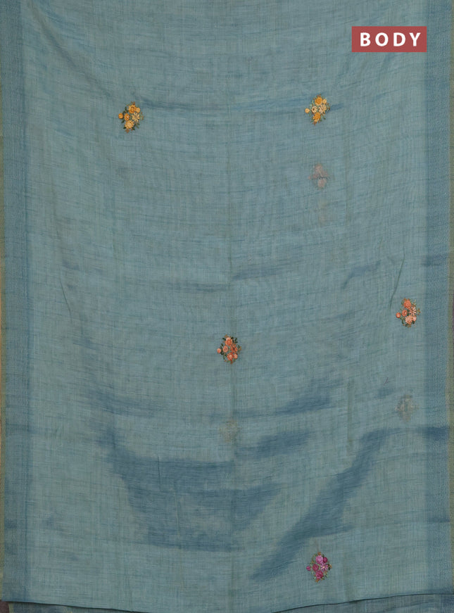 Linen saree teal blue with embroidery buttas and embroidery pallu
