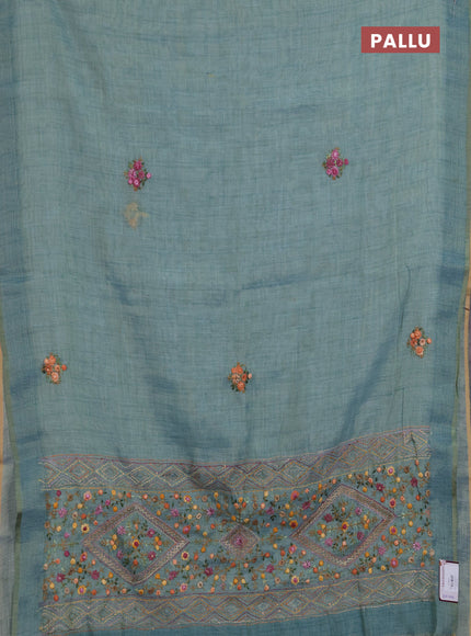 Linen saree teal blue with embroidery buttas and embroidery pallu