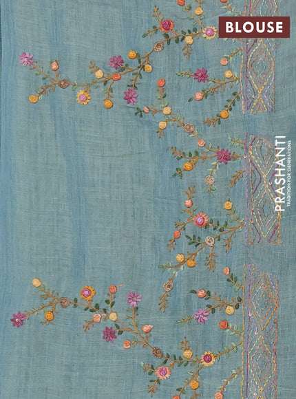Linen saree teal blue with embroidery buttas and embroidery pallu