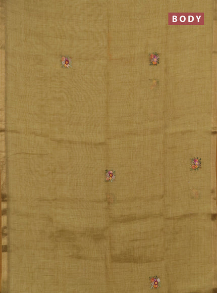 Linen saree mustard shade with embroidery buttas and embroidery pallu