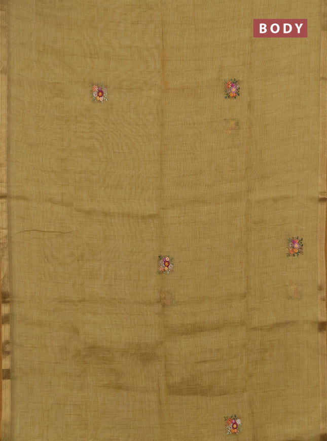 Linen saree mustard shade with embroidery buttas and embroidery pallu