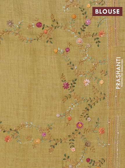 Linen saree mustard shade with embroidery buttas and embroidery pallu