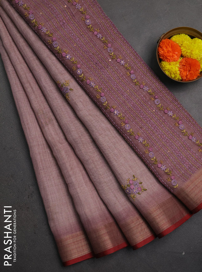 Linen saree pastel pink and maroon with embroidery buttas and embroidery pallu