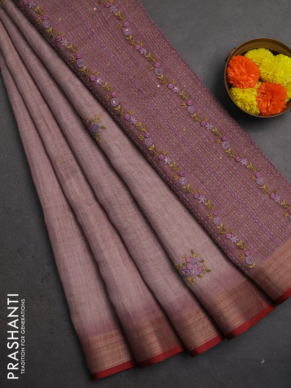 Linen saree pastel pink and maroon with embroidery buttas and embroidery pallu