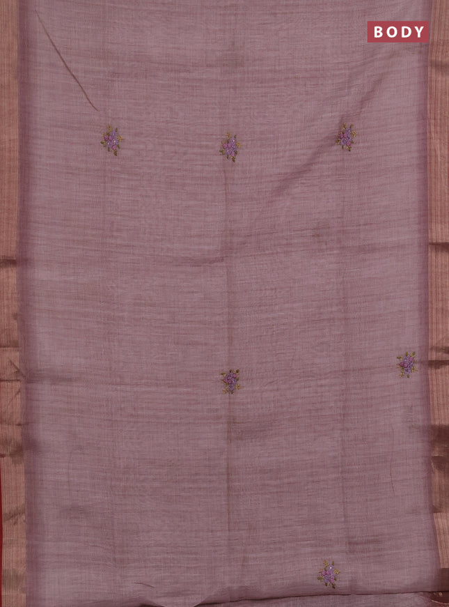 Linen saree pastel pink and maroon with embroidery buttas and embroidery pallu
