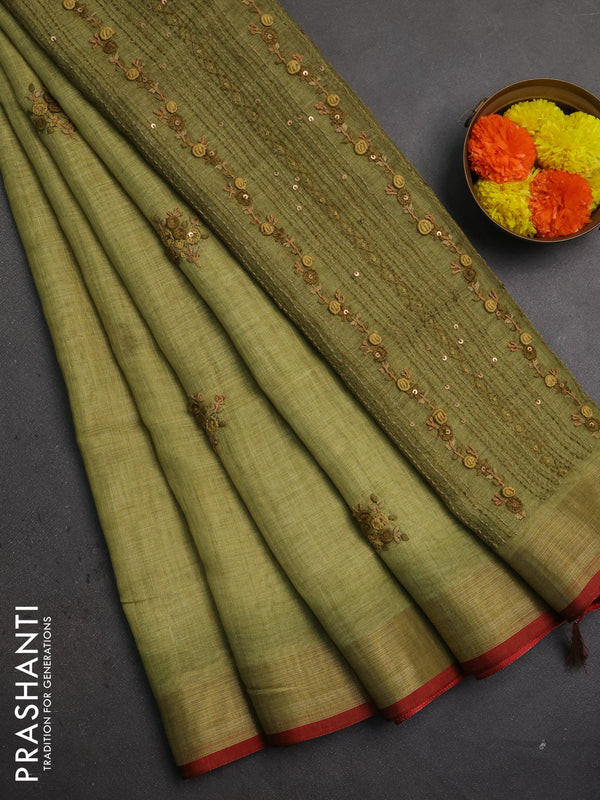 Linen saree mehendi green and maroon with embroidery buttas and embroidery pallu