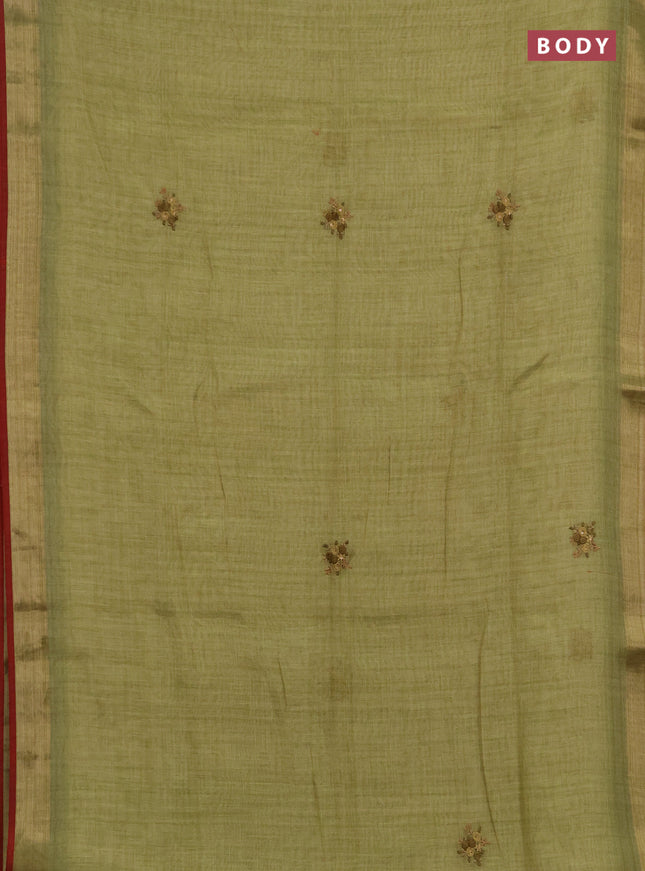 Linen saree mehendi green and maroon with embroidery buttas and embroidery pallu