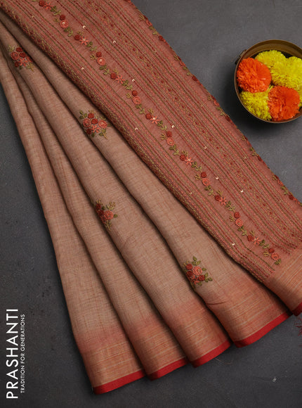 Linen saree dark peach and maroon with embroidery buttas and embroidery pallu