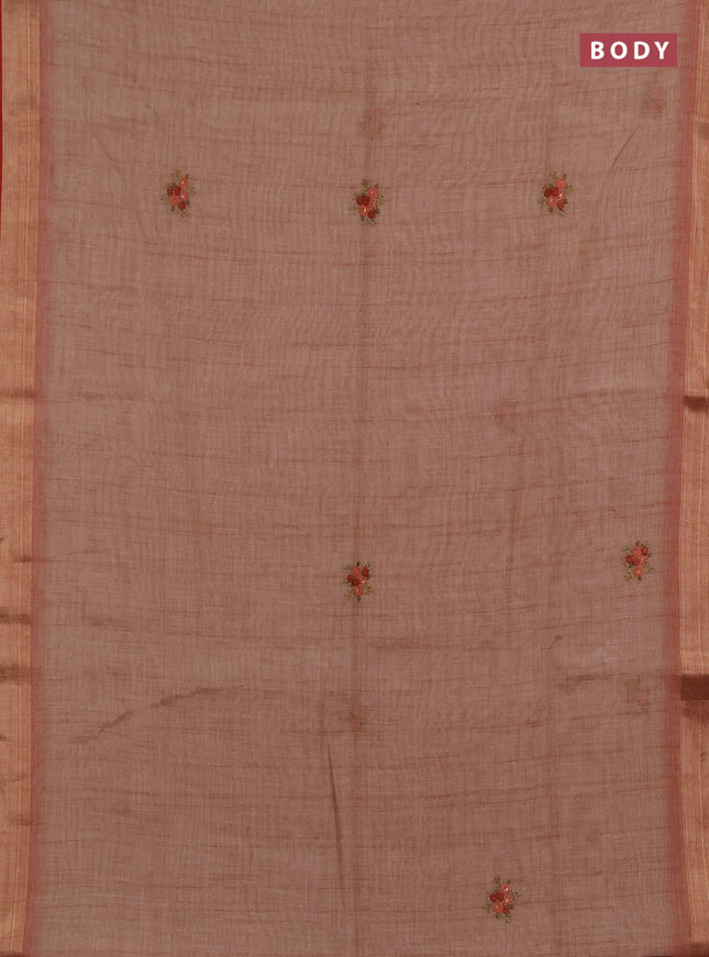 Linen saree dark peach and maroon with embroidery buttas and embroidery pallu