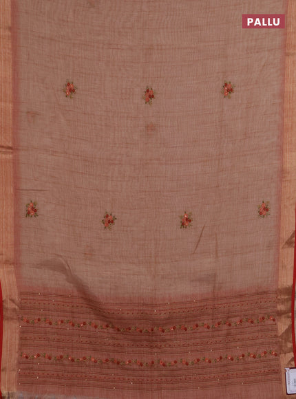 Linen saree dark peach and maroon with embroidery buttas and embroidery pallu
