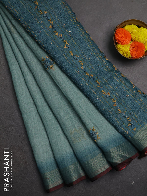 Linen saree teal green with embroidery buttas and embroidery pallu