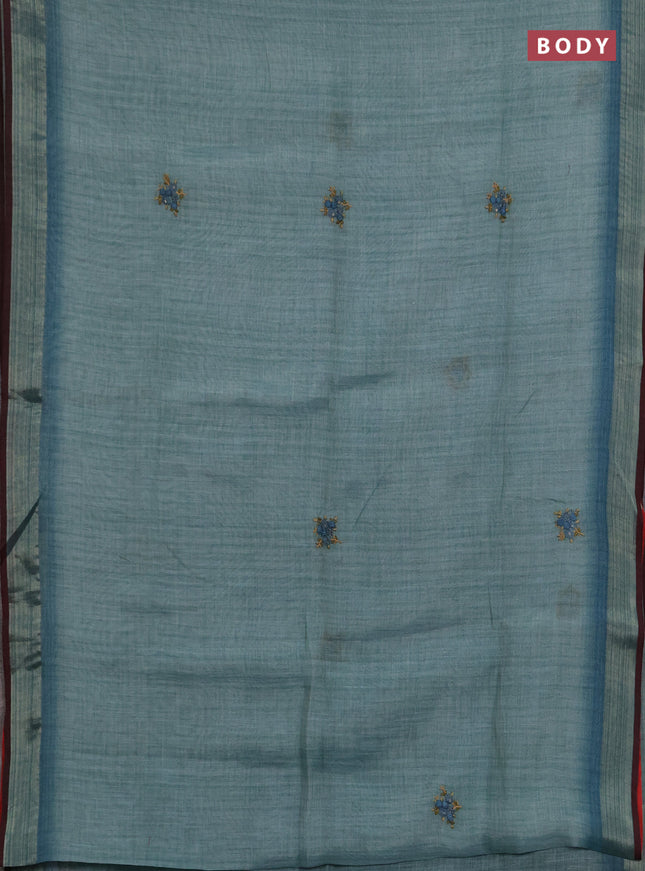 Linen saree teal green with embroidery buttas and embroidery pallu