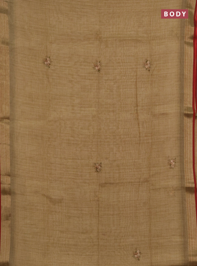 Linen saree dark mustard and maroon with embroidery buttas and embroidery pallu