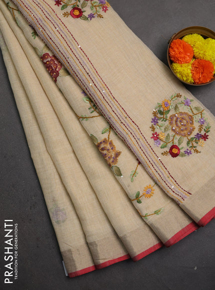 Linen saree beige and maroon with embroidery buttas and embroidery pallu