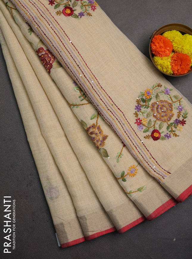 Linen saree beige and maroon with embroidery buttas and embroidery pallu