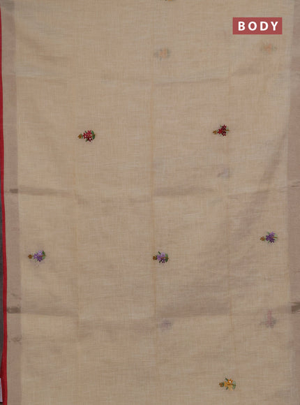 Linen saree beige and maroon with embroidery buttas and embroidery pallu