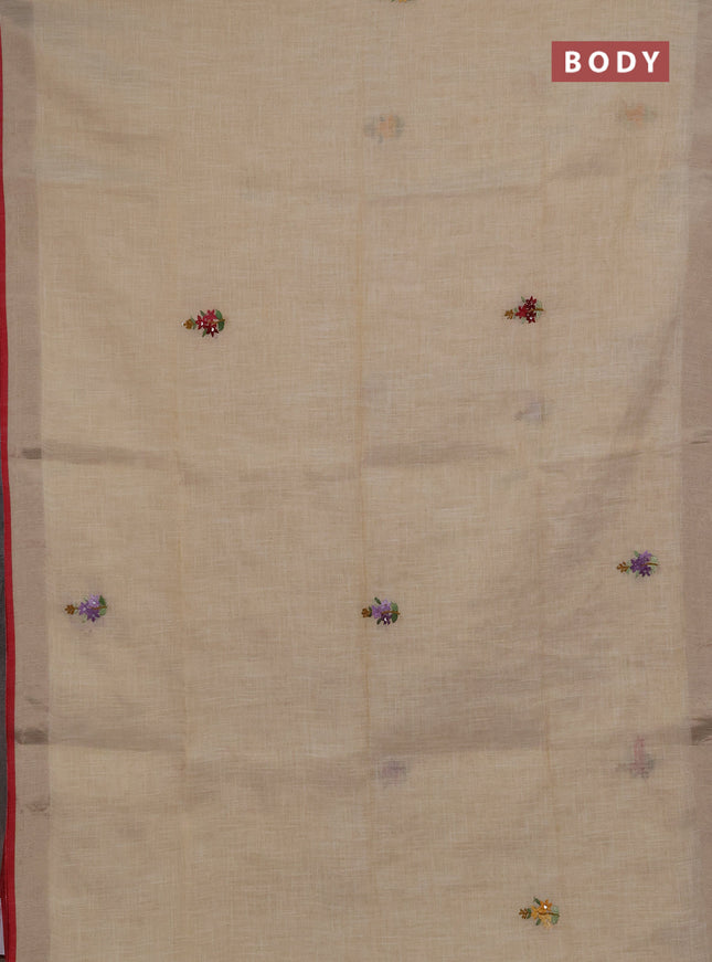 Linen saree beige and maroon with embroidery buttas and embroidery pallu