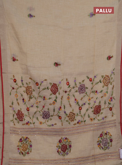 Linen saree beige and maroon with embroidery buttas and embroidery pallu