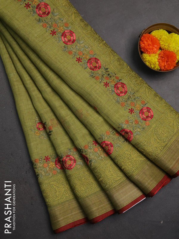 Linen saree light green and maroon with embroidery buttas and embroidery pallu & border