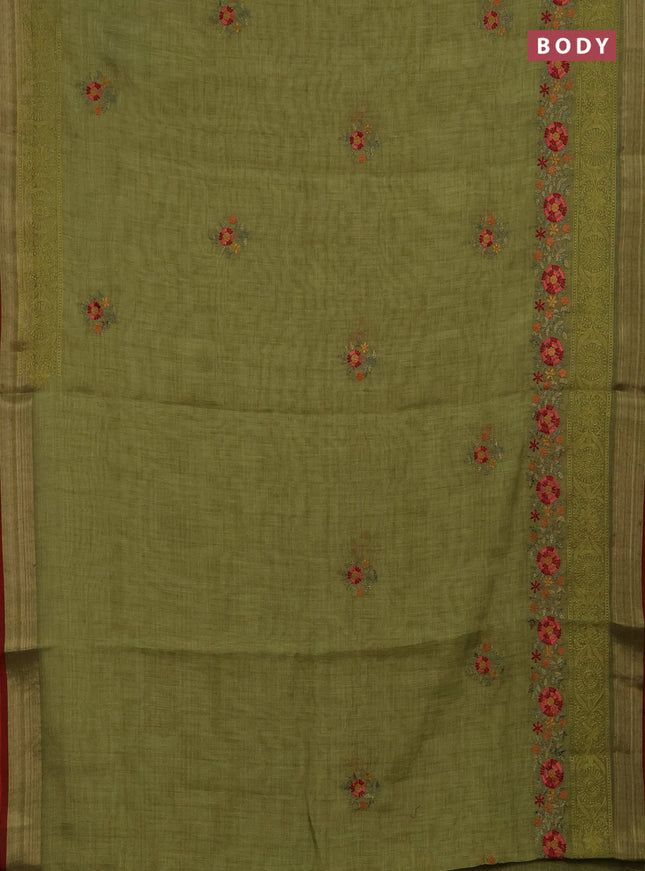 Linen saree light green and maroon with embroidery buttas and embroidery pallu & border