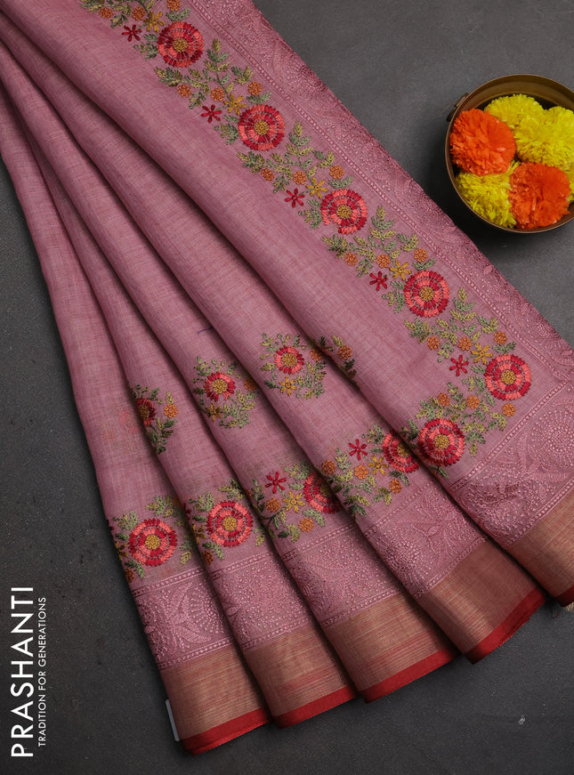 Linen saree pastel pink and maroon with embroidery buttas and embroidery pallu & border