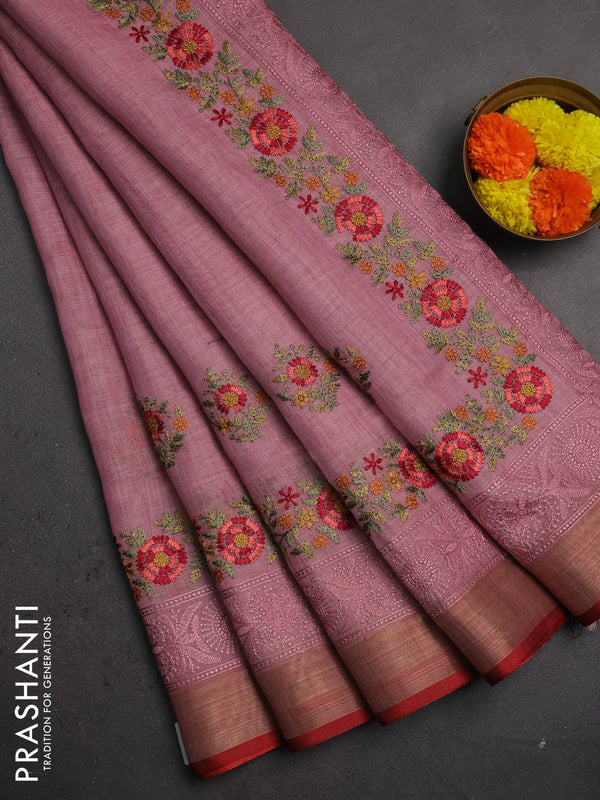 Linen saree pastel pink and maroon with embroidery buttas and embroidery pallu & border