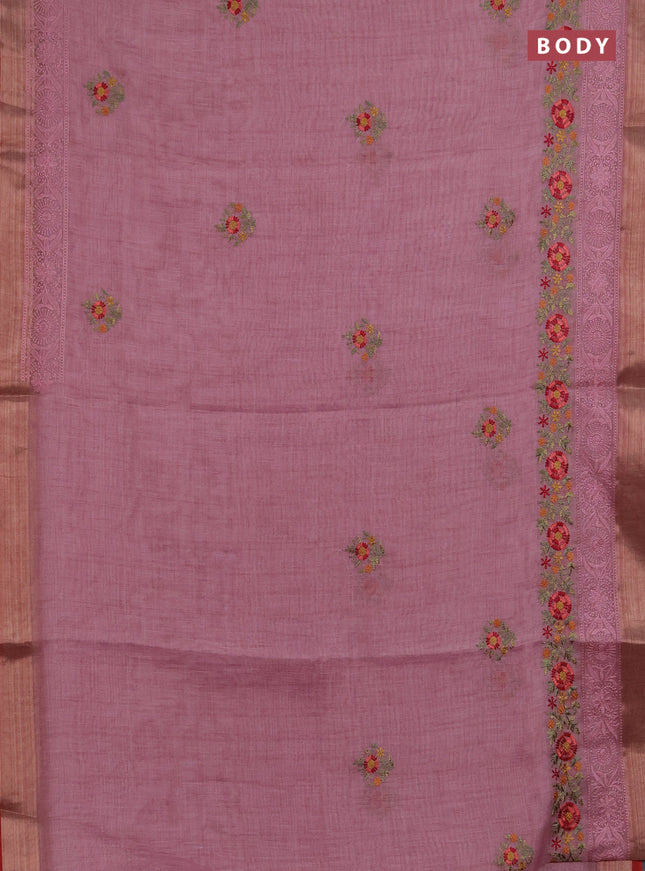 Linen saree pastel pink and maroon with embroidery buttas and embroidery pallu & border