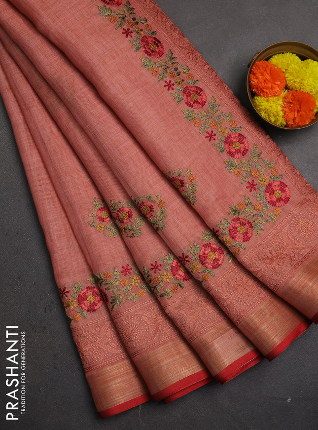 Linen saree peach shade and maroon with embroidery buttas and embroidery pallu & border