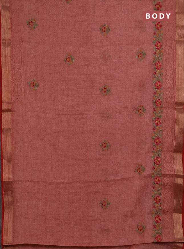 Linen saree peach shade and maroon with embroidery buttas and embroidery pallu & border