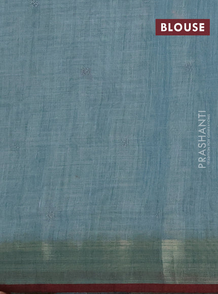 Linen saree teal blue and maroon with embroidery buttas and embroidery pallu & border