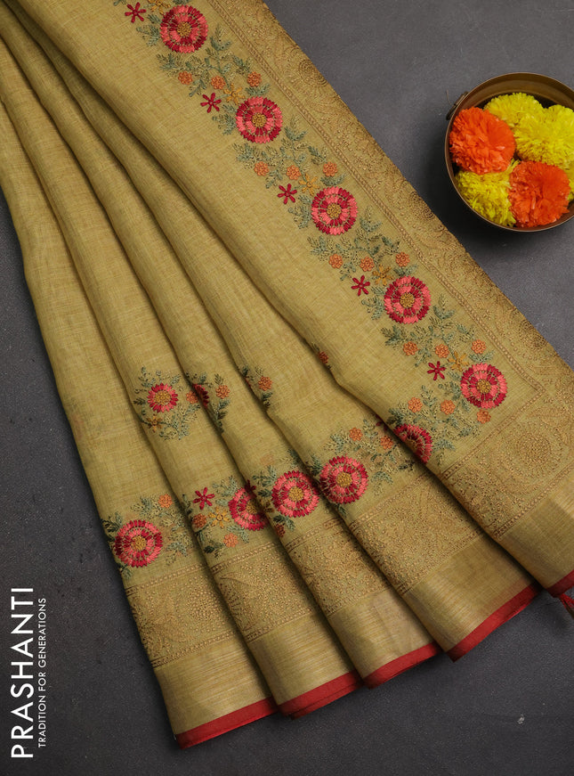 Linen saree mustard shade and maroon with embroidery buttas and embroidery pallu & border