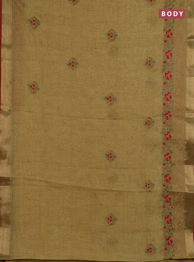 Linen saree mustard shade and maroon with embroidery buttas and embroidery pallu & border
