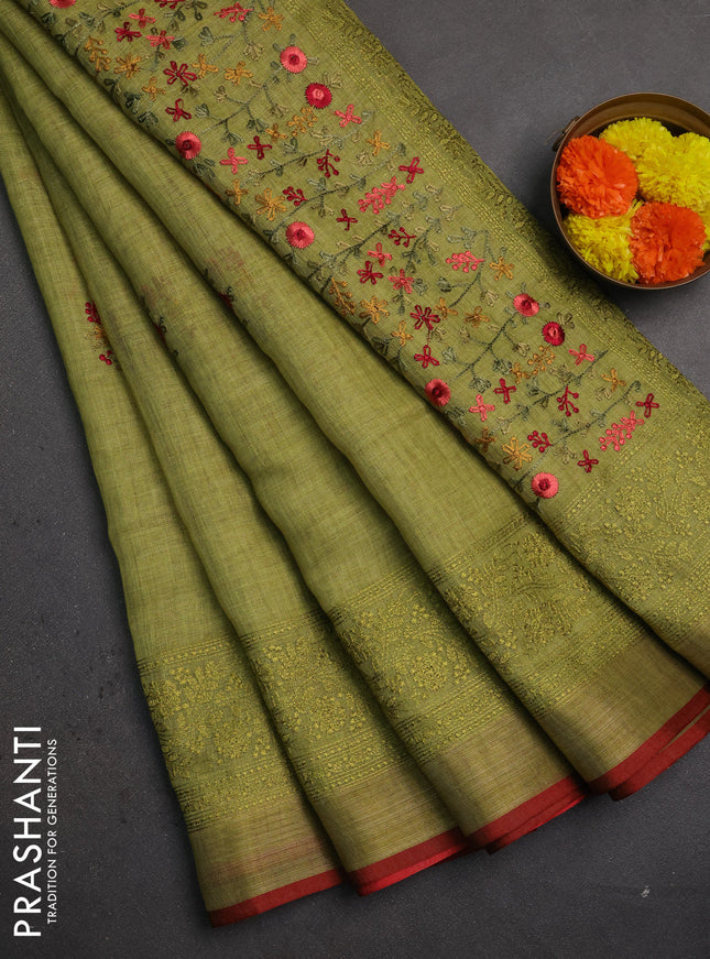Linen saree light green and maroon with embroidery buttas and embroidery pallu