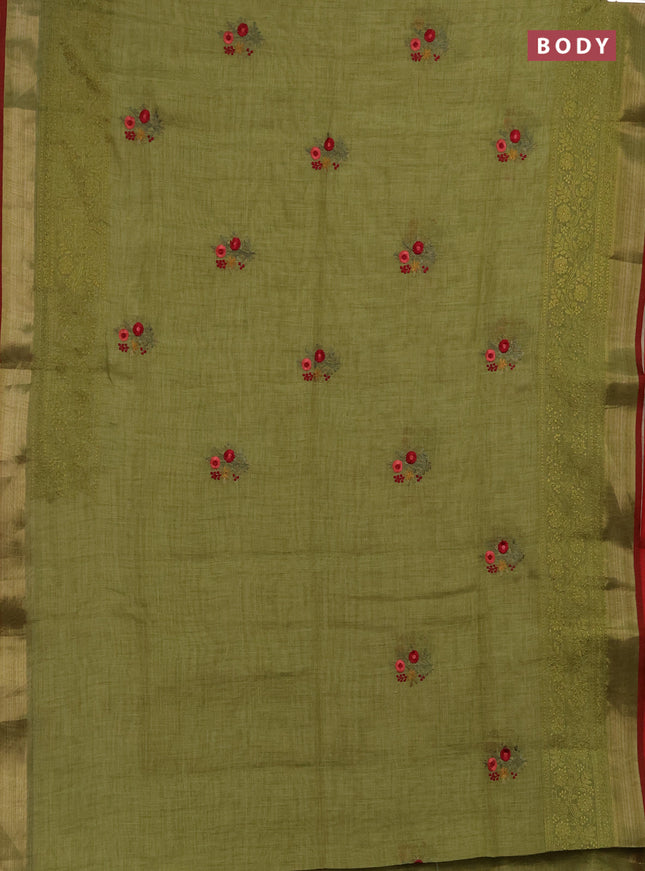 Linen saree light green and maroon with embroidery buttas and embroidery pallu