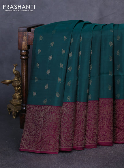 Kanchipuram soft silk saree green and magenta pink with allover zari woven buttas and long zari woven border