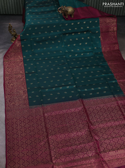 Kanchipuram soft silk saree green and magenta pink with allover zari woven buttas and long zari woven border